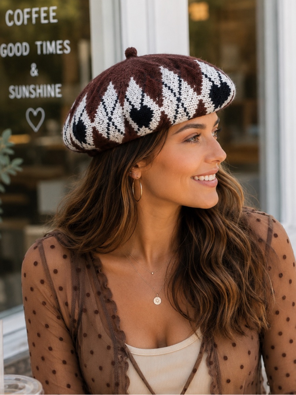 Maeve Anthropologie Wool Beret Hat Brown Fair Isle Knit Boho Parisian Chic Cap